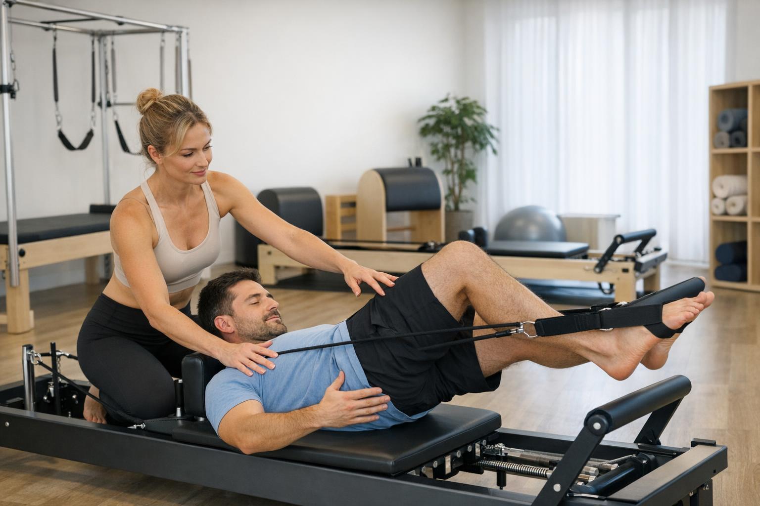 Zajęcia pilates na reformerze, trener pomaga uczestnikowi z ustawieniem ciała