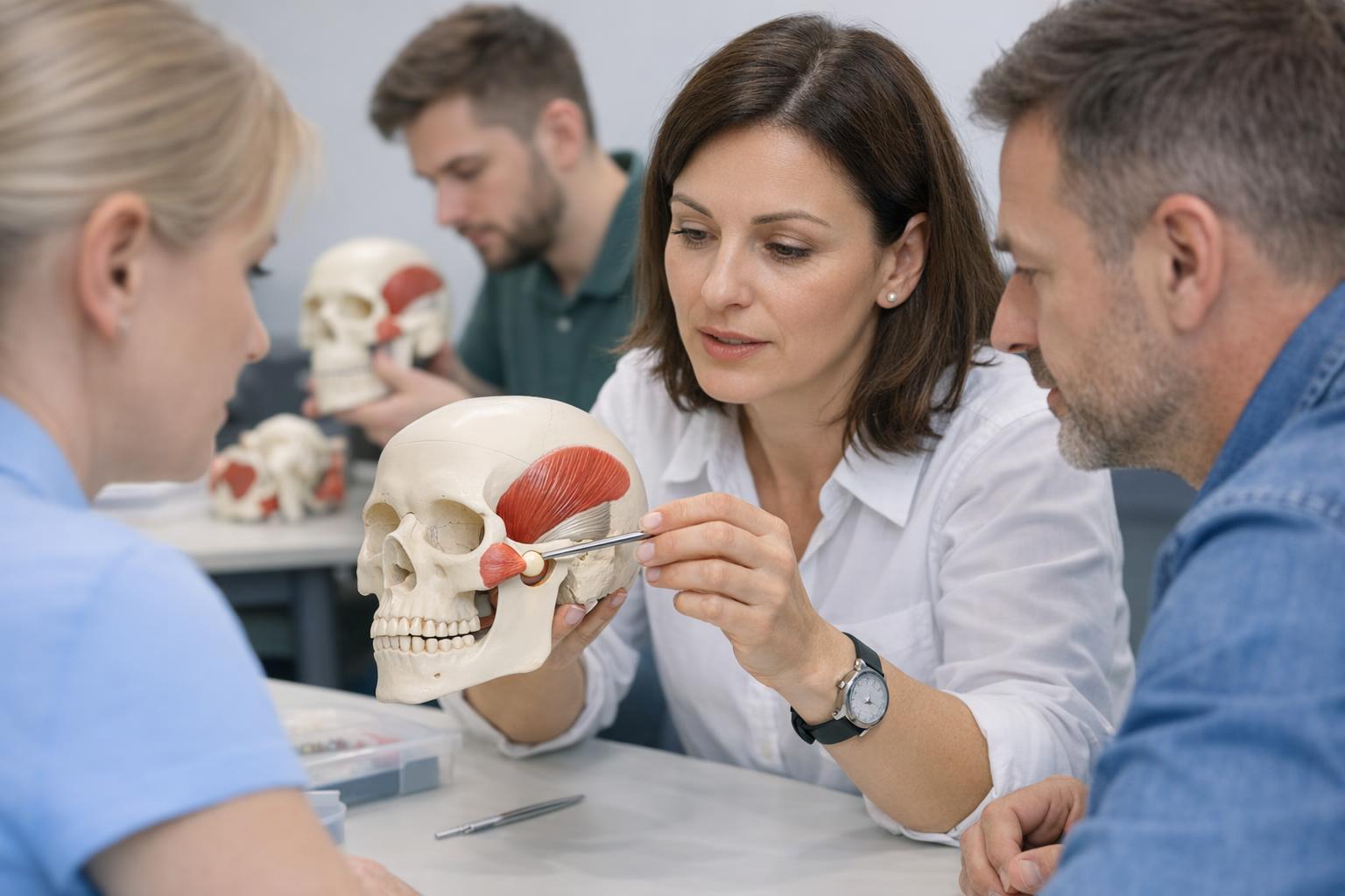 Praktyczne szkolenie na modelu anatomicznym stawu skroniowo-żuchwowego: uczestnicy podczas ćwiczeń